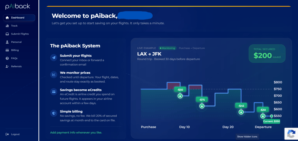 Screenshot of the pAiBack dashboard interface, displaying welcome message, flight savings system details, and a price monitoring graph for a flight from LAX to JFK.