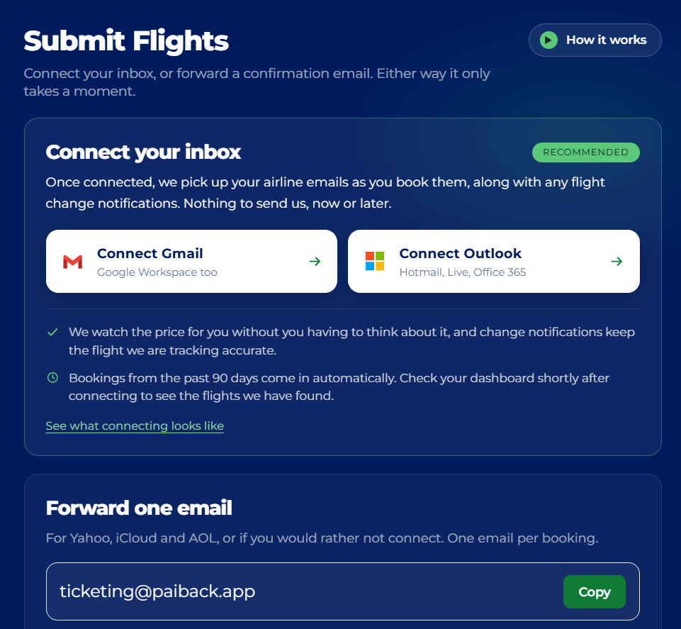 A user interface for submitting flight information, featuring options to connect Gmail or Outlook for automatic updates, with a section for forwarding emails for flight bookings.