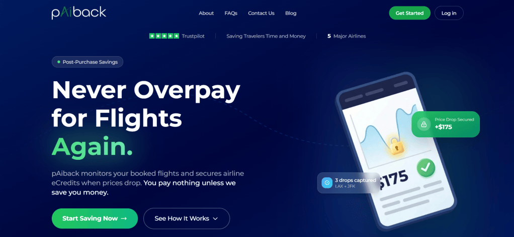 Homepage of pAiBack, featuring a bold headline 'Never Overpay for Flights Again' and a smartphone illustration showing a price drop alert for flight savings.