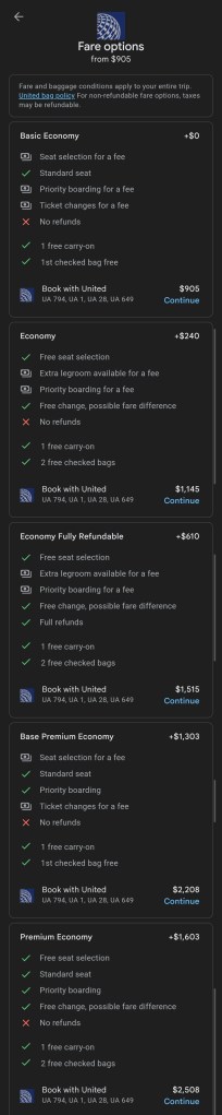 A screenshot displaying various fare options for flights, including Basic Economy, Economy, Economy Fully Refundable, Base Premium Economy, and Premium Economy. Each option lists features such as seat selection, luggage allowances, and refund policies, along with associated prices.