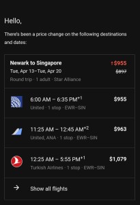 Flight price change notification for a round trip from Newark to Singapore, April 13 to April 20. Pricing options displayed with different airlines and times.
